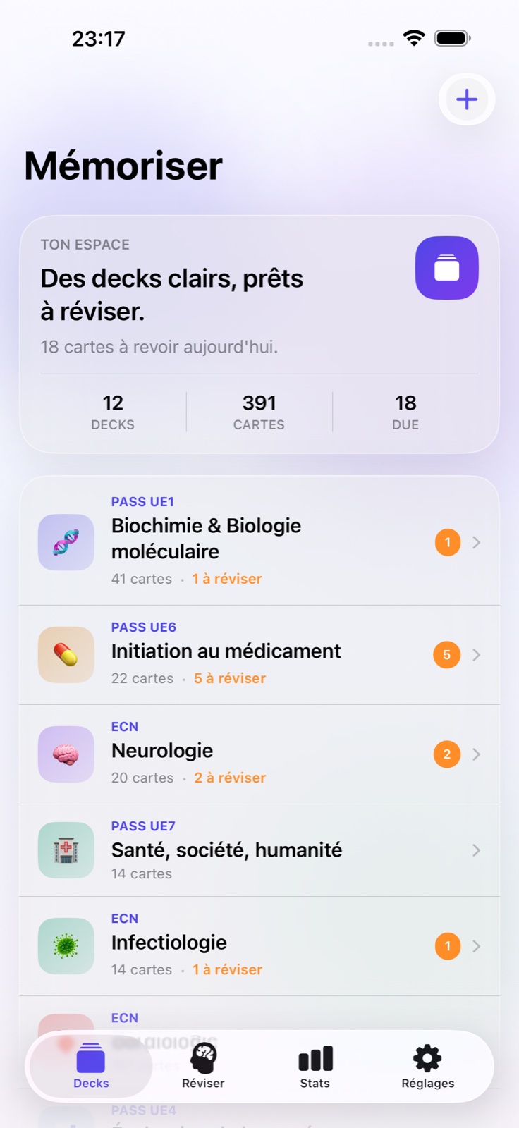 Écran des decks médicaux dans l’application Mémoriser